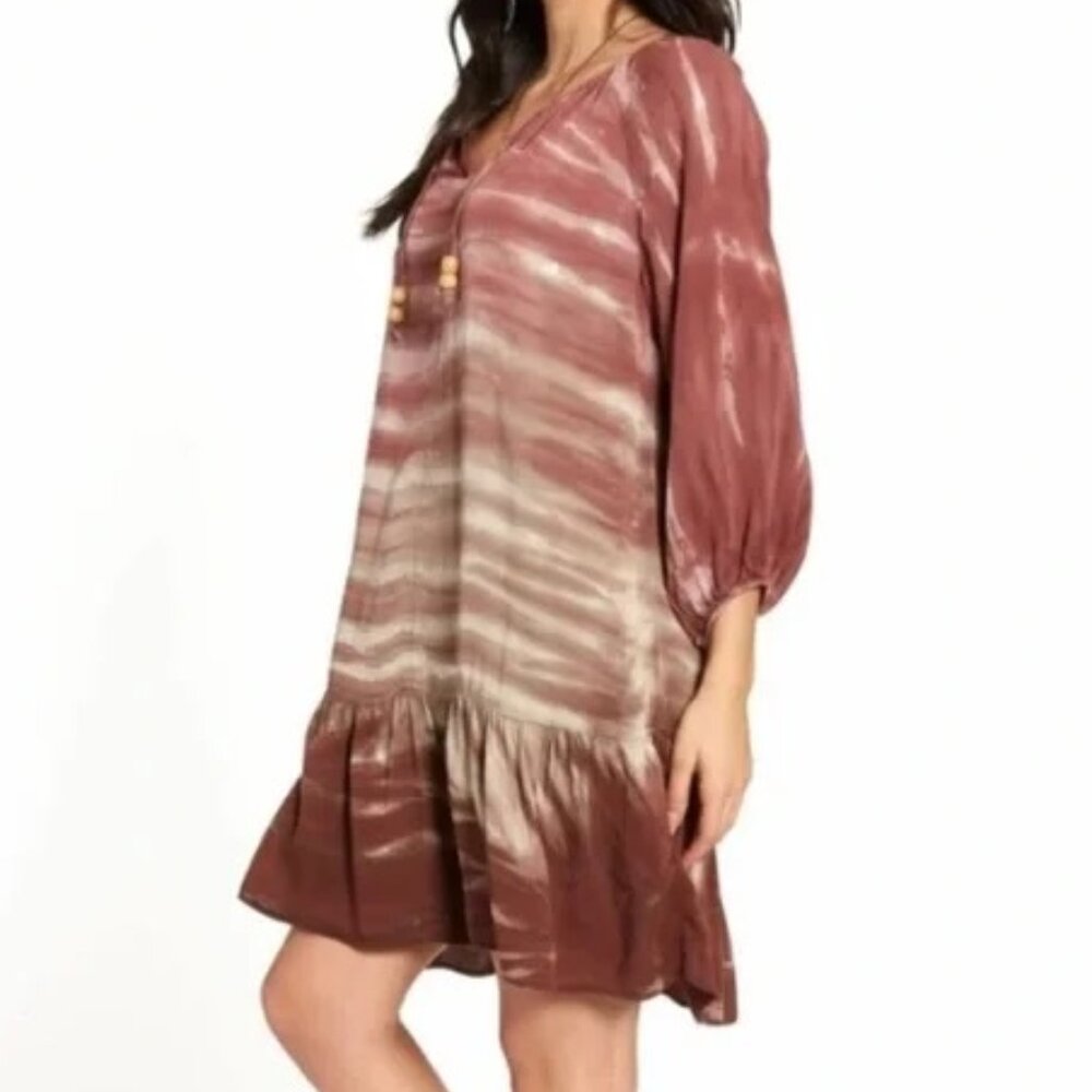 River + Sky Tie-Dye‎ Simone Long Sleeve Brown Ruffle Tiered Dress Med
